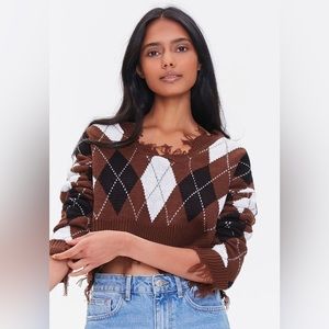 Forever 21 Argyle Frayed Sharkbite Sweater